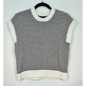 PrettyGarden Sweater Vest M Black White Striped Ribbed Knit Minimalist Academia